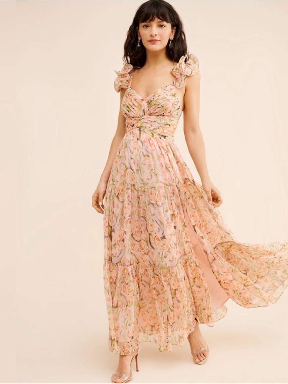 ASTR The Label Fritillaria Floral Maxi Dress, Peach/Cream, Cut-Outs, Size M, EUC